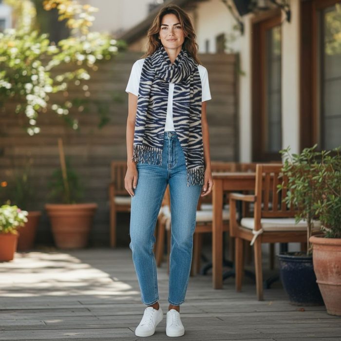 Γυναικεία Πασμίνα Μακριά με Κρόσσια Ζεβρέ - Μπλε - Image 2