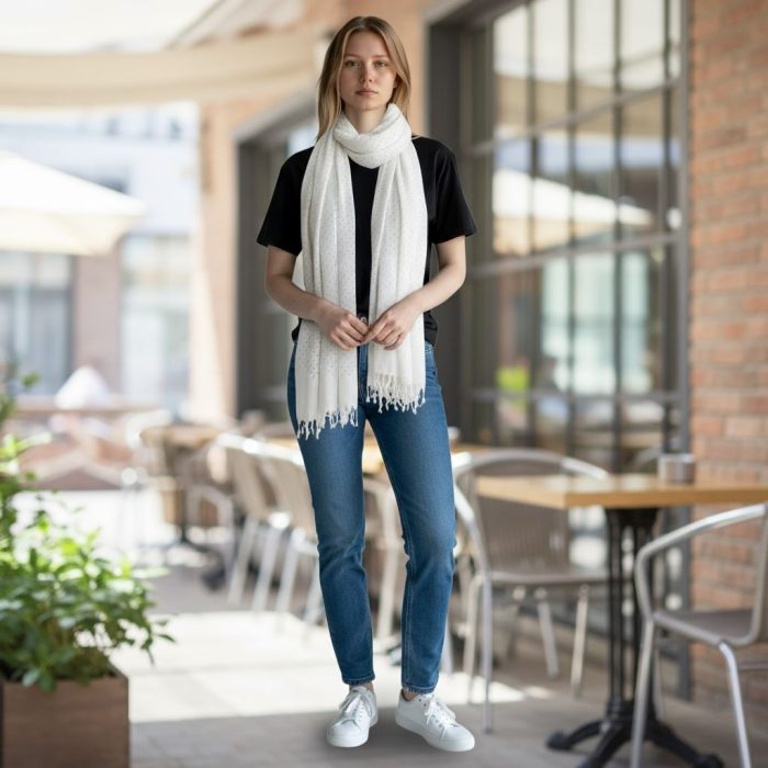 Γυναικεία Πασμίνα Μακριά με Κρόσσια και Στρας – Λευκή - Image 2