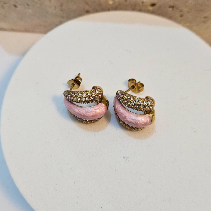 Σκουλαρίκια Κουμπωτά Princess με Στρας και Ροζ Πέτρες - Χρυσό - Image 2