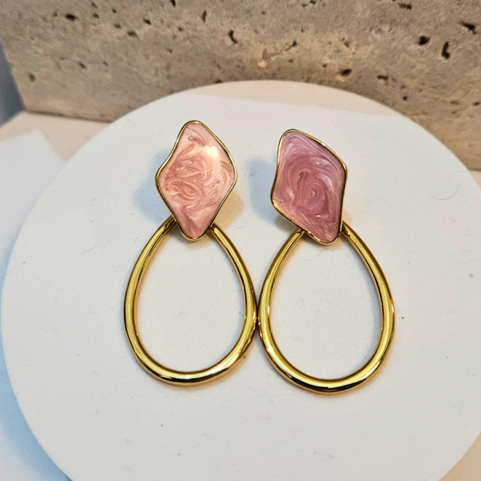 Σκουλαρίκια Κουμπωτά Goutte με Ροζ Πέτρα - Χρυσό - Image 2