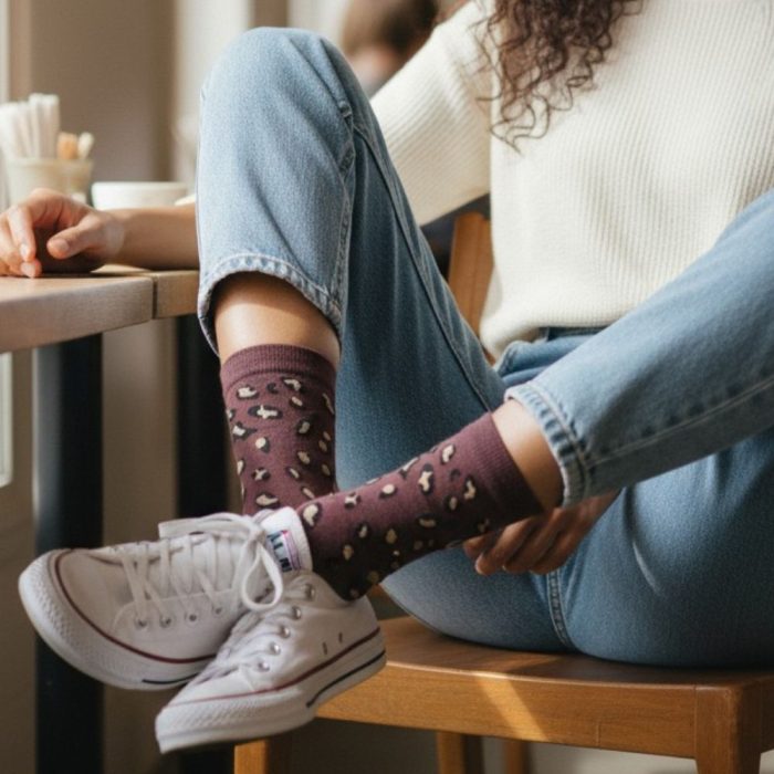 Κάλτσες Unisex Ψηλές Λεοπάρ - Μπορντό - Image 2