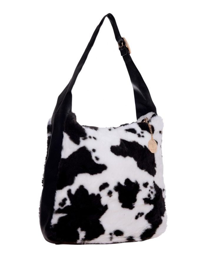 Γούνινη τσάντα ώμου XY-2515 - Ασπρο/Μαύρο - Image 2