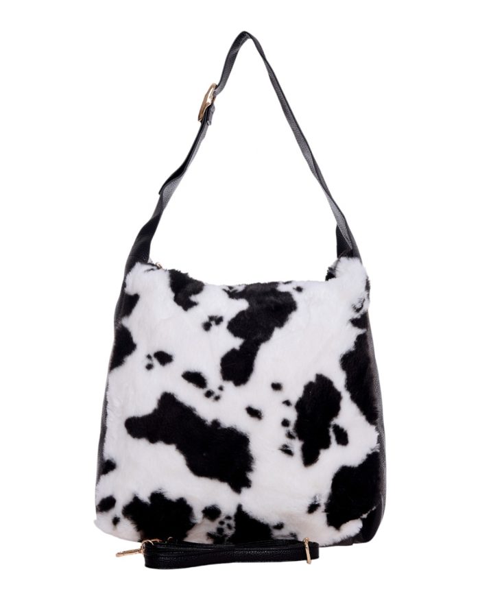 Γούνινη τσάντα ώμου XY-2515 - Ασπρο/Μαύρο - Image 3