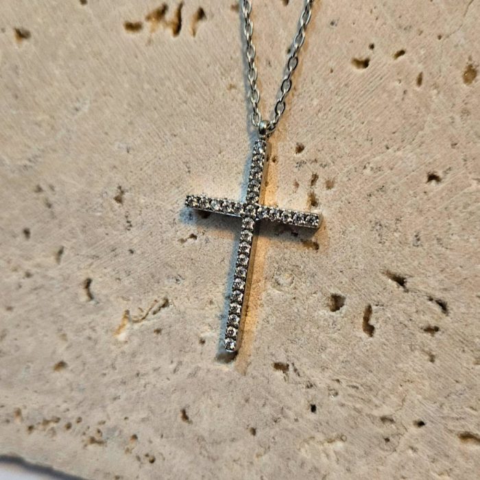 Κολιέ Σταυρός Thin με Στρας - Ασημί - Image 2