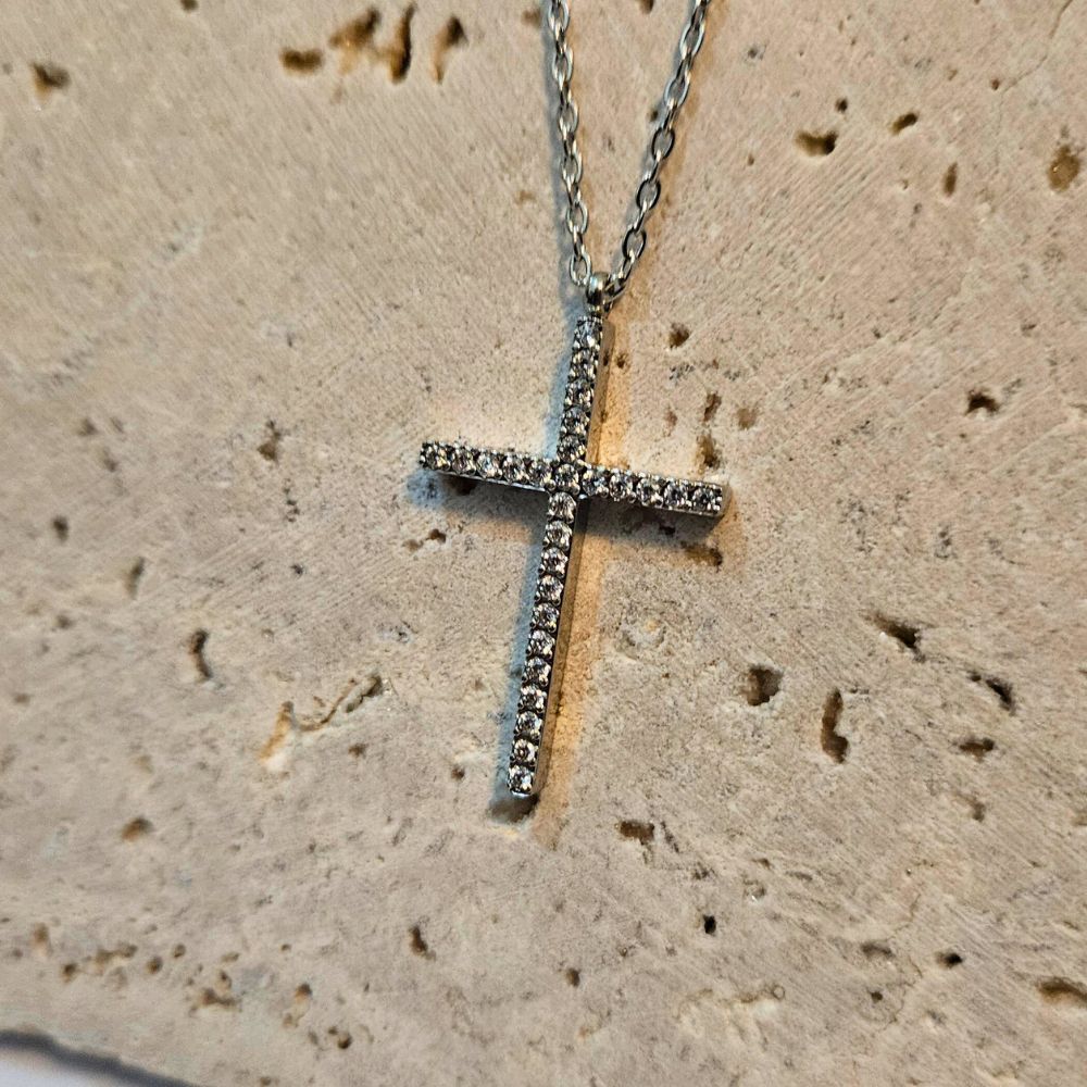 KOLIE-STAVROS-ATSALI-XRISO-ASIMI-KOSMIMA-ONLINE (10) Κολιέ Σταυρός Thin με Στρας - Ασημί - Image 1