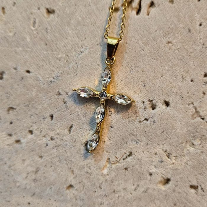 Κολιέ Σταυρός με Λευκές Πέτρες - Χρυσό - Image 2