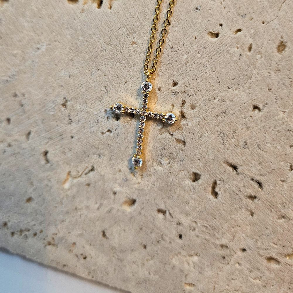 KOLIE-STAVROS-ATSALI-XRISO-ASIMI-KOSMIMA-ONLINE (16) Κολιέ Σταυρός Persian με Στρας - Χρυσό - Image 1