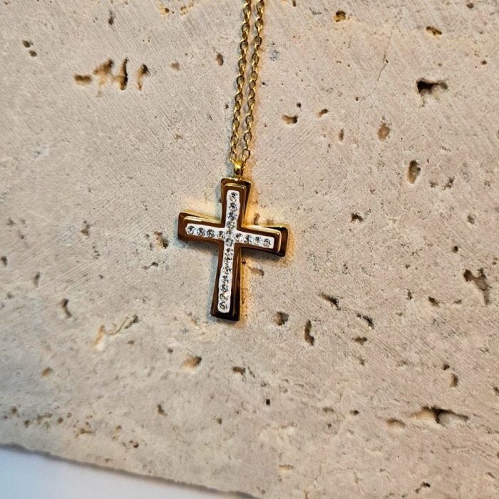 Κολιέ Σταυρός Cornelia με Στρας – Χρυσό - Image 2