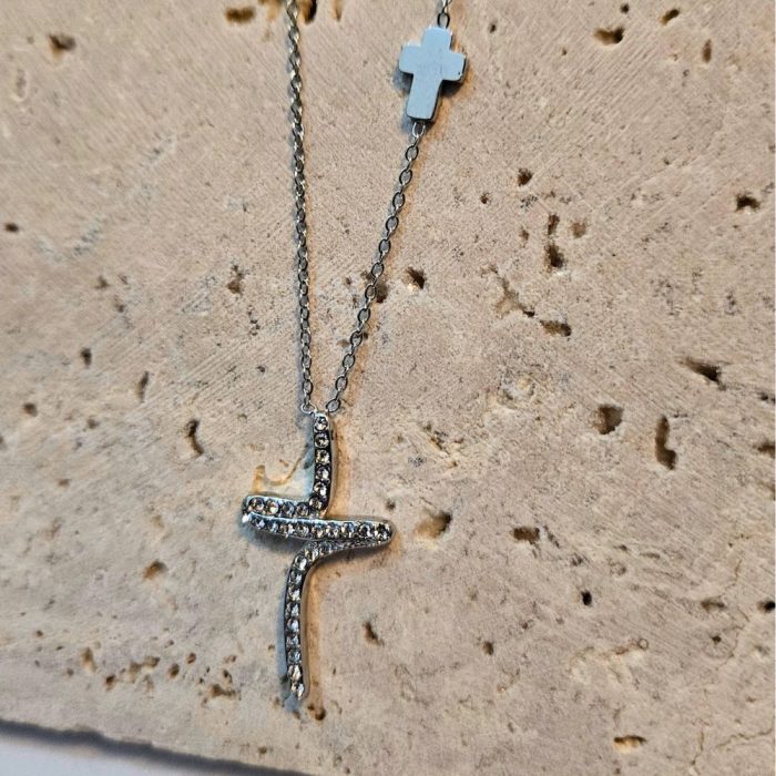 Κολιέ Αλυσίδα Wavy Σταυρός με Στρας - Ασημί - Image 2