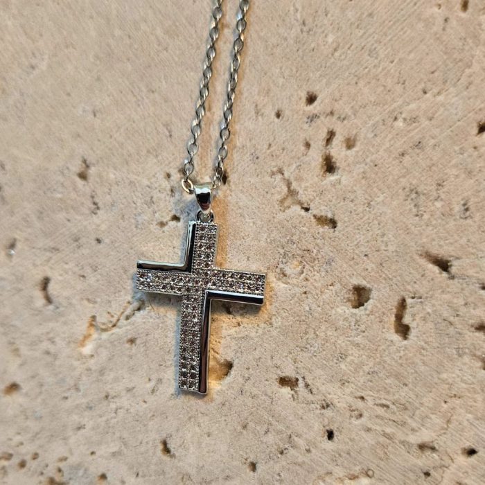 Κολιέ Σταυρός με Στρας - Ασημί - Image 2