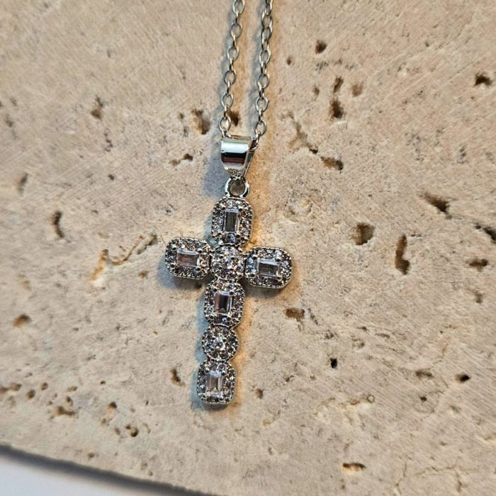 Κολιέ Σταυρός με Ζιργκόν - Ασημί - Image 3