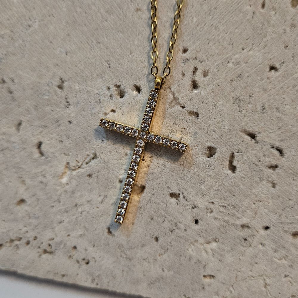 KOLIE-STAVROS-ATSALI-XRISO-ASIMI-KOSMIMA-ONLINE (9) Κολιέ Σταυρός Thin με Στρας - Χρυσό - Image 1