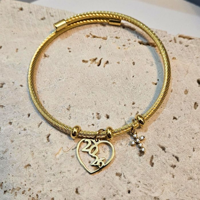 Βραχιόλι Γούρι 2026 Open Πλεκτό Καρδιά και Σταυρουδάκι - Χρυσό - Image 2