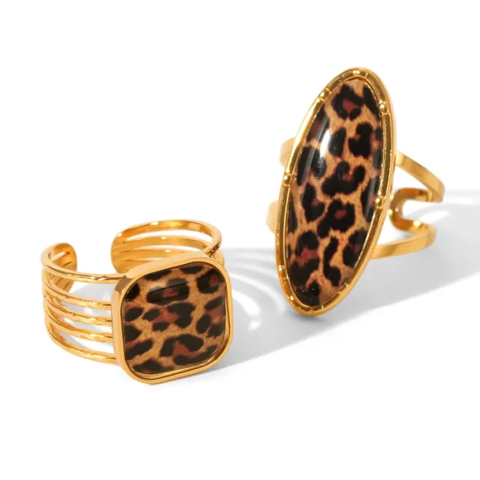 Δαχτυλίδι Ρυθμιζόμενο Square με Λεοπάρ Πέτρα - Χρυσό - Image 6