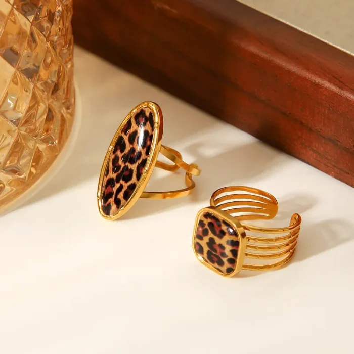 Δαχτυλίδι Ρυθμιζόμενο Square με Λεοπάρ Πέτρα - Χρυσό - Image 7