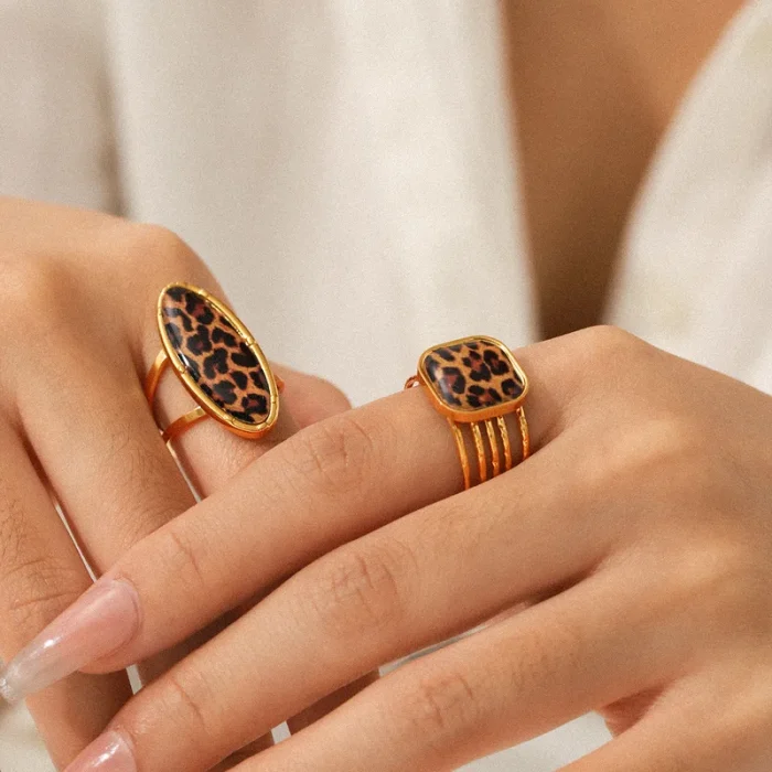 Δαχτυλίδι Ρυθμιζόμενο Square με Λεοπάρ Πέτρα - Χρυσό - Image 5