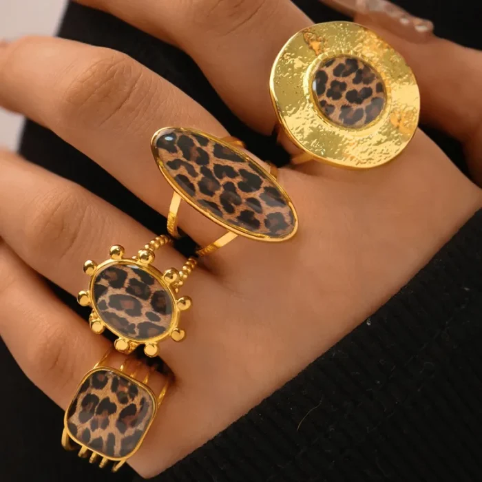 Δαχτυλίδι Ρυθμιζόμενο Δίσκος με Λεοπάρ Πέτρα - Χρυσό - Image 3
