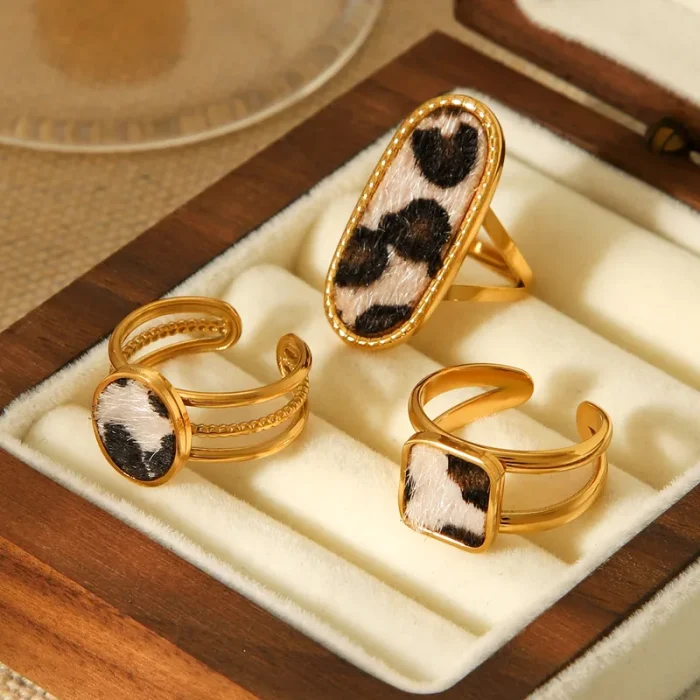 Δαχτυλίδι Ρυθμιζόμενο Οβάλ Χνουδωτό Λεοπάρ - Χρυσό - Image 2