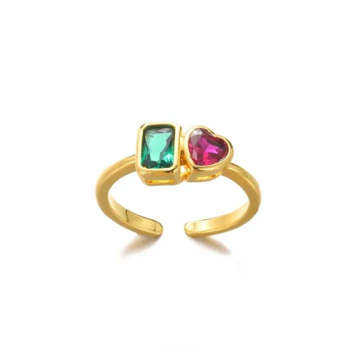 Δαχτυλίδι Ρυθμιζόμενο Pink Heart and Green Square - Χρυσό - Image 2
