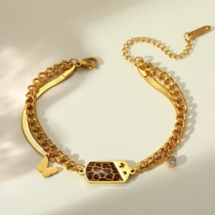 Βραχιόλι Διπλή Αλυσίδα με Λεοπάρ Πλακέτα - Χρυσό - Image 3