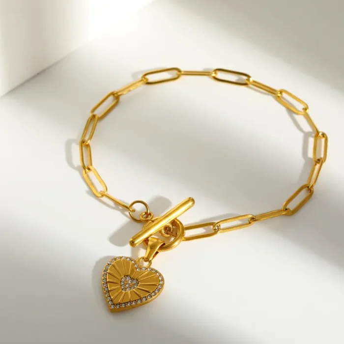 Βραχιόλι Αλυσίδα Paperclip με Κρεμαστή Καρδιά - Χρυσό - Image 2