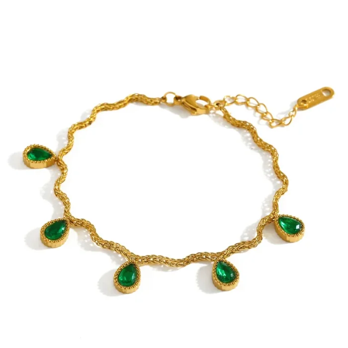 Βραχιόλι Λεπτή Αλυσίδα Sparkly Drops Πράσινο - Χρυσό - Image 4