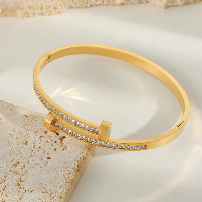 Βραχιόλι Open με Διαμαντάκια - Χρυσό - Image 4