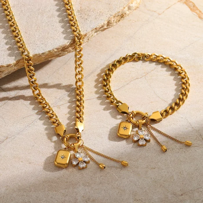 Βραχιόλι Αλυσίδα Flower and Sun με Πετρούλες - Χρυσό - Image 2