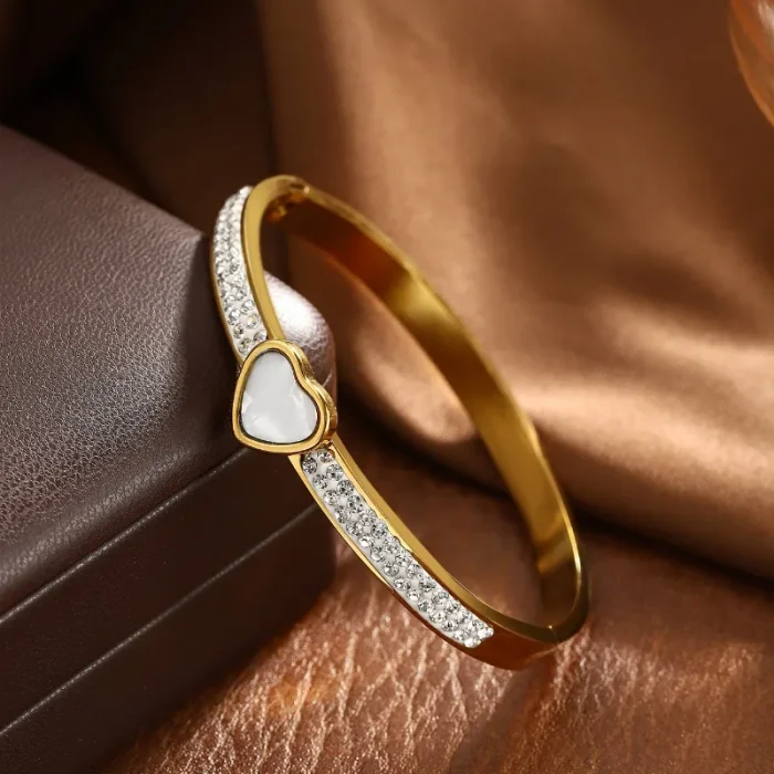 Βραχιόλι Σταθερό Λευκή Καρδούλα και Στρας - Χρυσό - Image 3