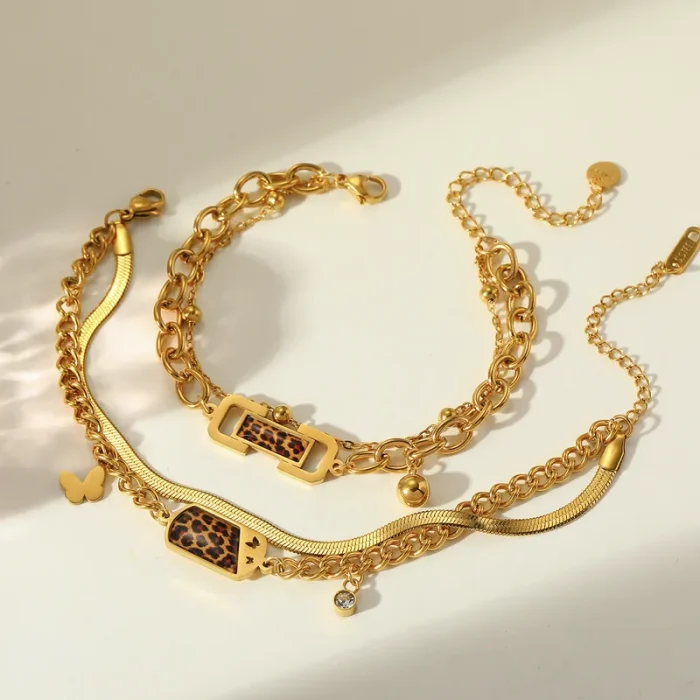 Βραχιόλι Διπλή Αλυσίδα με Λεοπάρ Πλακέτα - Χρυσό - Image 2