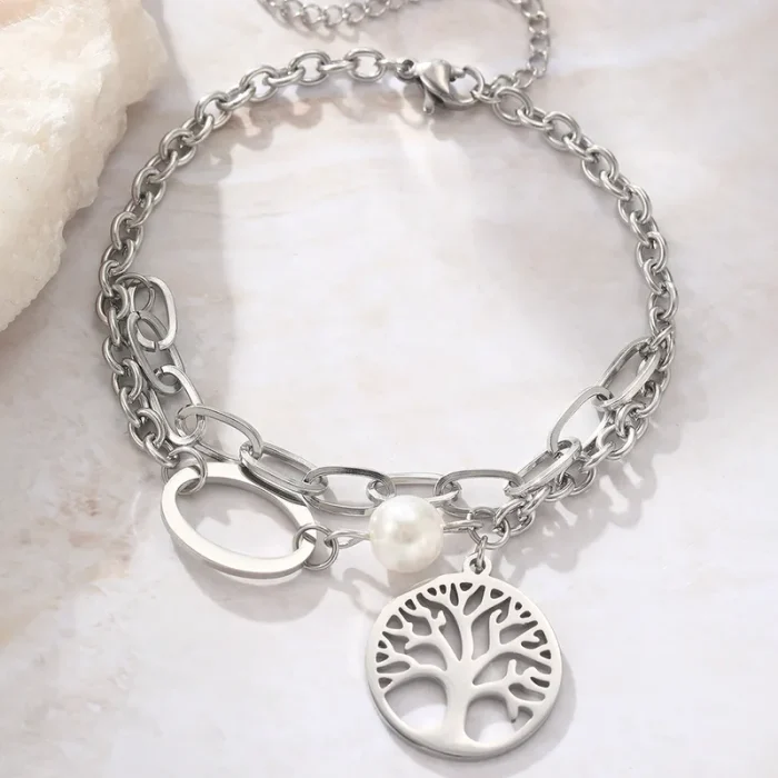 Βραχιόλι Διπλή Αλυσίδα με Charms Tree of Life - Ασημί - Image 2