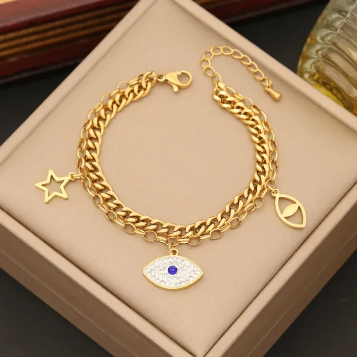 Βραχιόλι Αλυσίδα με Charms Amulet Ματάκι - Χρυσό - Image 2