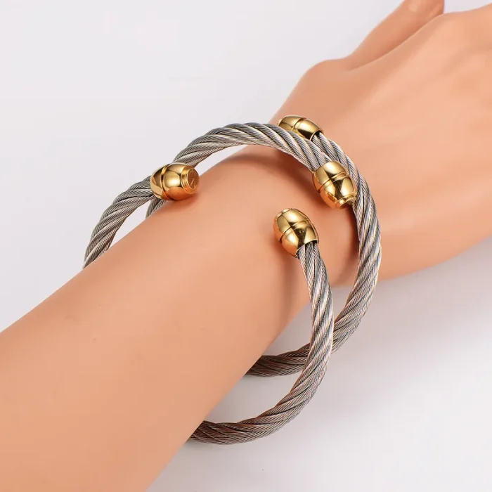 Βραχιόλι Open Πλεκτό με Χρυσά Τελειώματα - Ασημί - Image 2