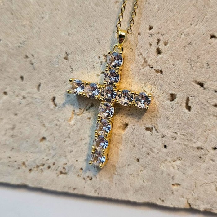 Κολιέ Μεγάλος Σταυρός με Ζιργκόν - Χρυσό - Image 2