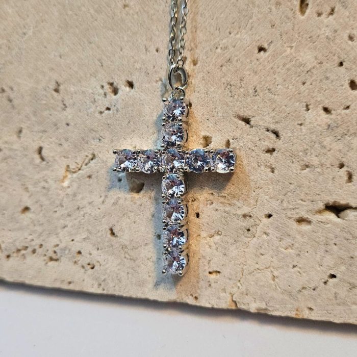 Κολιέ Μεγάλος Σταυρός με Ζιργκόν - Ασημί - Image 2