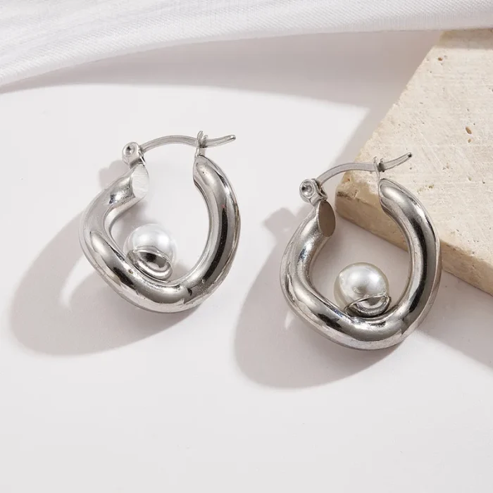 Σκουλαρίκια Κρίκοι με Ενσωματωμένη Περλίτσα - Ασημί - Image 2