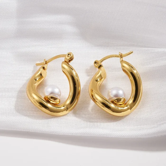 Σκουλαρίκια Κρίκοι με Ενσωματωμένη Περλίτσα - Χρυσό - Image 2