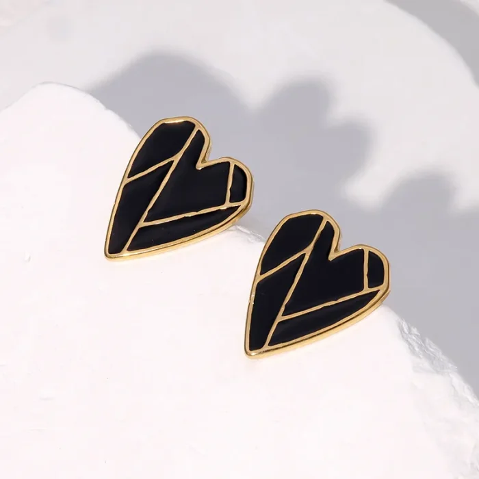 Σκουλαρίκια Κουμπωτά Trimmed Heart Μαύρη Πέτρα - Χρυσό - Image 3