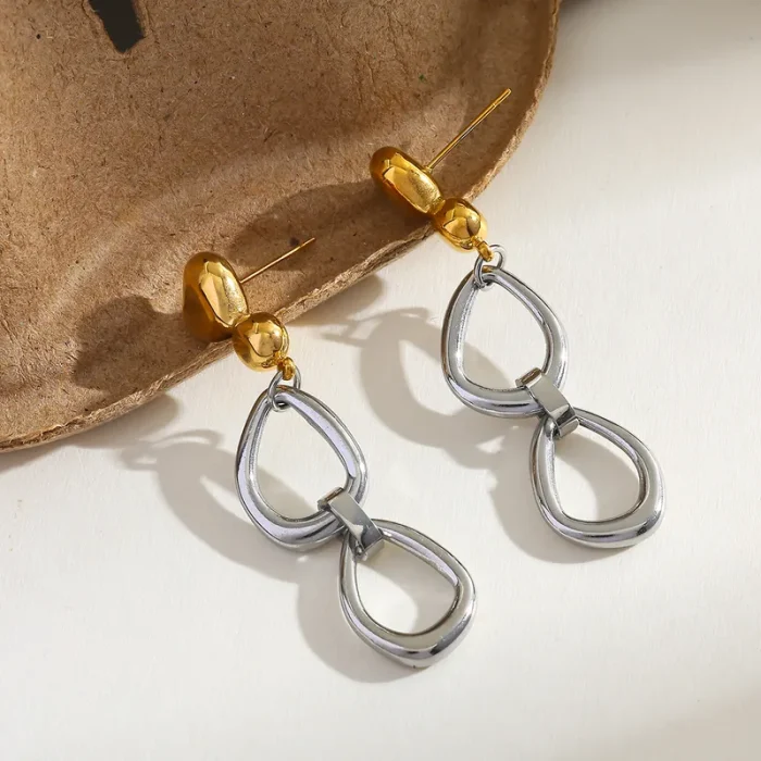 Σκουλαρίκια Κουμπωτά Hanging Hoops - Δίχρωμο - Image 3