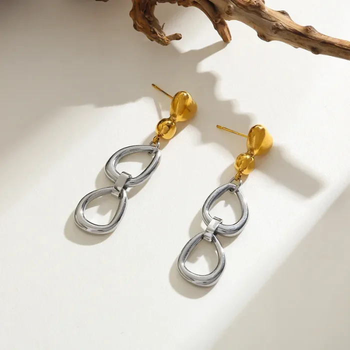 Σκουλαρίκια Κουμπωτά Hanging Hoops - Δίχρωμο - Image 2