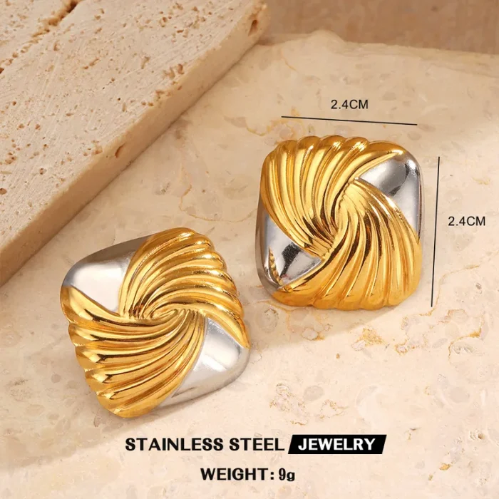 Σκουλαρίκια Κουμπωτά Square Swirl - Δίχρωμο - Image 3