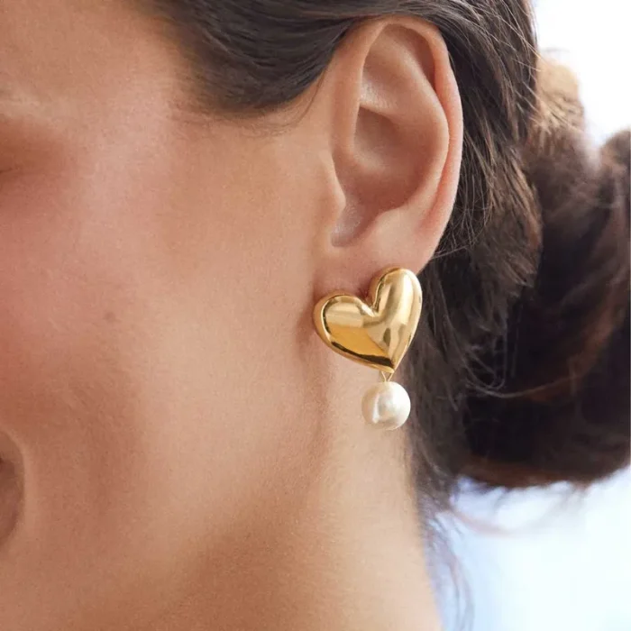 Σκουλαρίκια Κουμπωτά Heart and Pearl - Χρυσό - Image 3