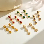 Σκουλαρίκια Κουμπωτά Κρεμαστά Πράσινα Ζιργκόν - Χρυσό - Image 2