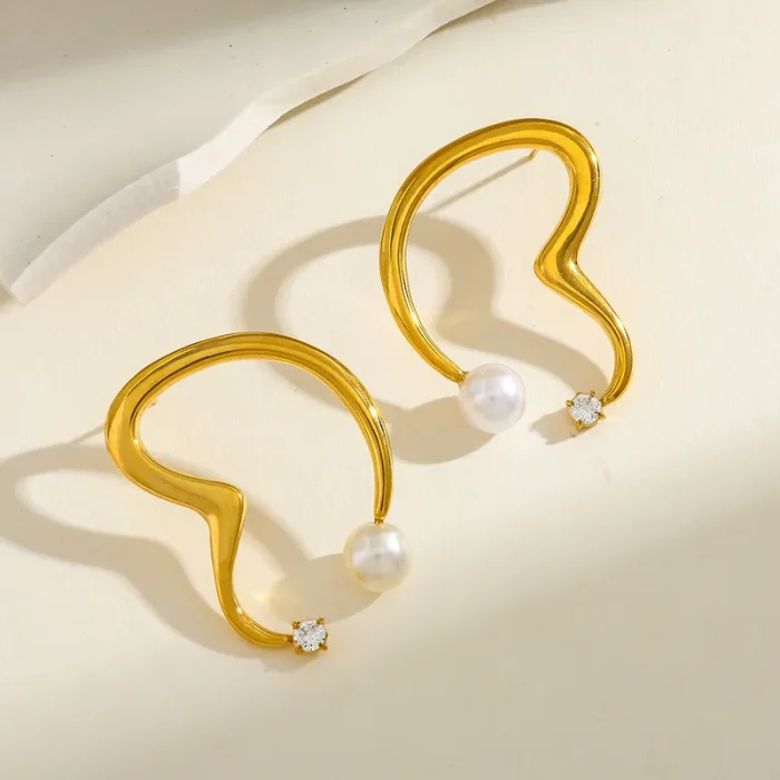 Σκουλαρίκια Κουμπωτά Wavy Pearl Heart - Χρυσό - Image 3