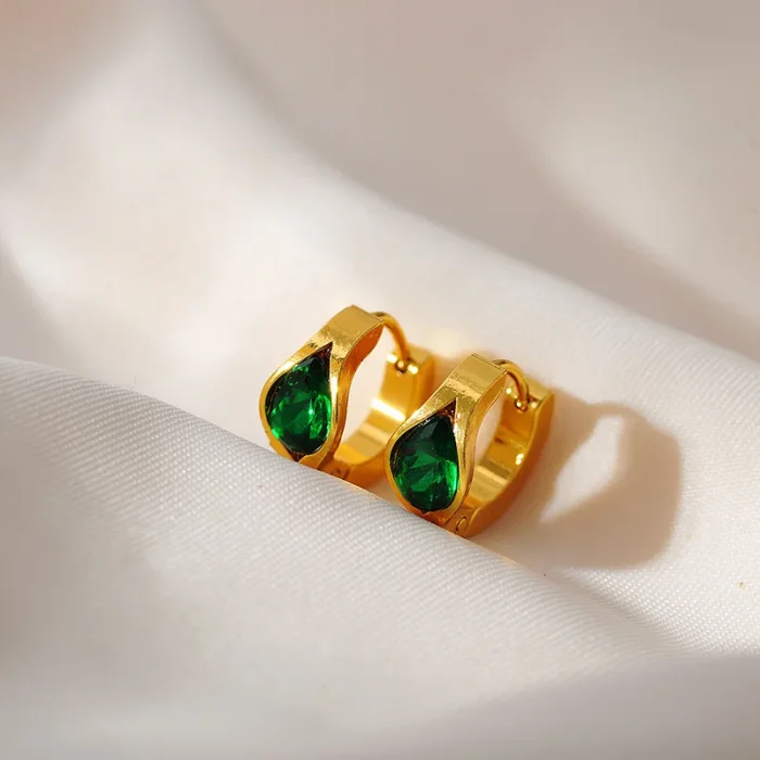 Σκουλαρίκια Κρικάκια με Πράσινα Πετράδια - Χρυσό - Image 3