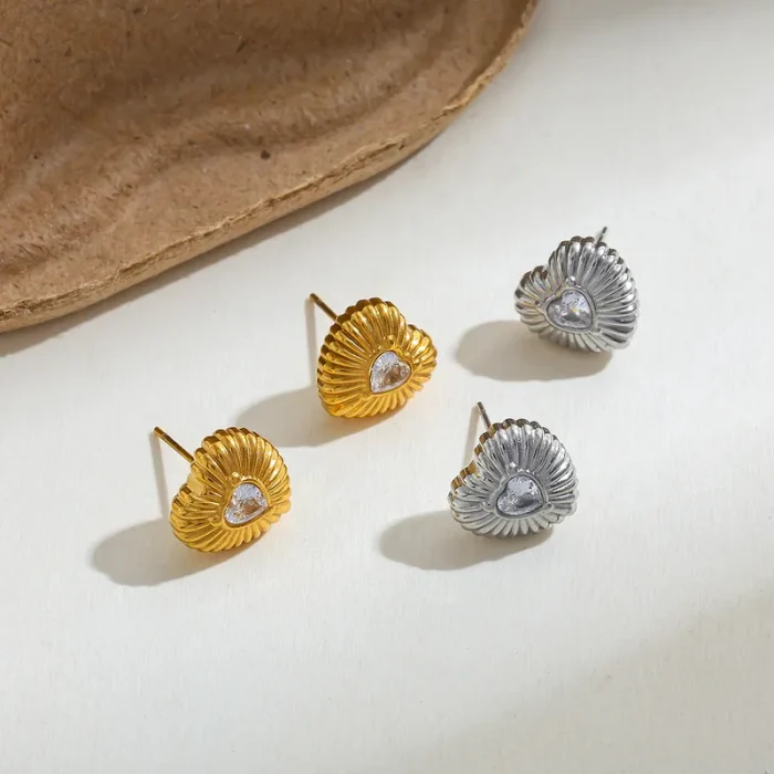 Σκουλαρίκια Κουμπωτά Heartbeat με Λευκή Πέτρα - Ασημί - Image 2