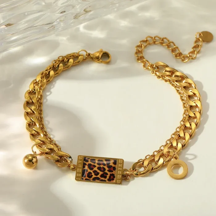 Βραχιόλι Διπλή Αλυσίδα Animal Print Plate - Χρυσό - Image 2