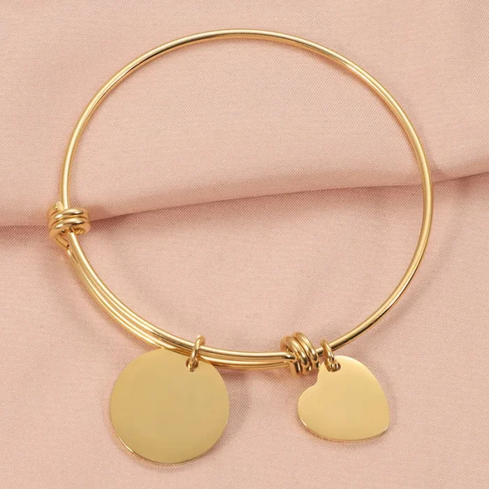 Βραχιόλι Σταθερό με Δυνατότητα Χάραξης Φλουρί και Καρδιά - Χρυσό - Image 2