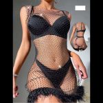 Φόρεμα Διάφανο Αμάνικο με Στρας και Πούπουλα στο Τελείωμα - Μαύρο