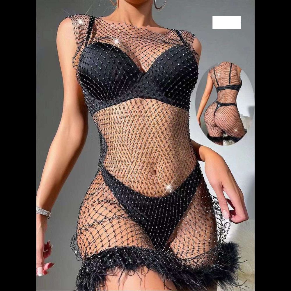 gunaikeia-eswrouxa-top-extra-kosmima-online (16) Φόρεμα Διάφανο Αμάνικο με Στρας και Πούπουλα στο Τελείωμα - Μαύρο - Image 1